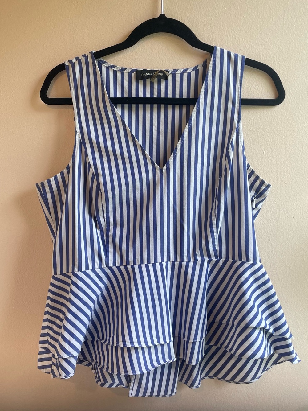 Ivanka Trump Blue White Striped Sleeveless V-Neck Tiered Peplum Top L